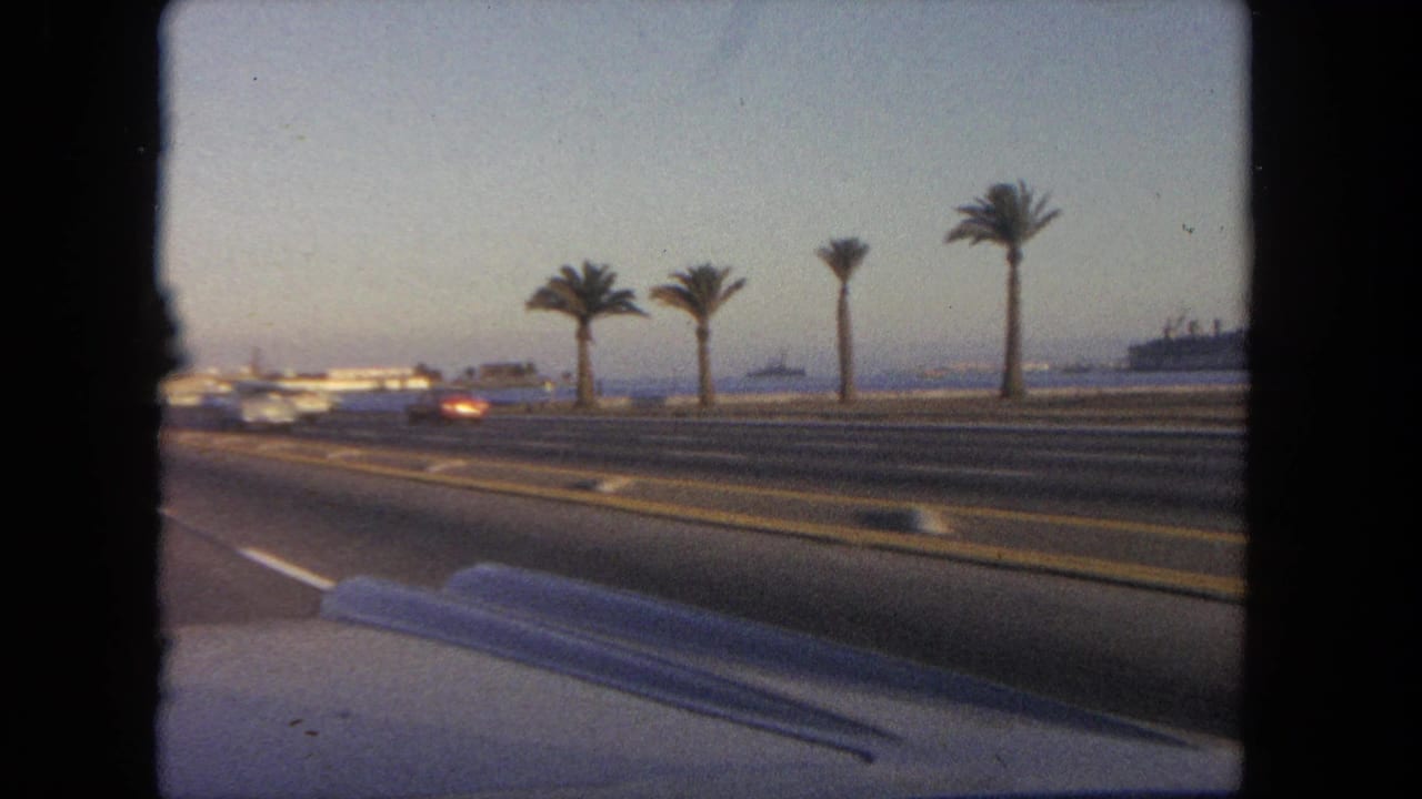 1962 Tijuana home-movie view from inside a car, looking across a divided road with palm trees, traffic, water, and a distant ship.