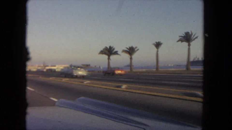 1962 Tijuana coastal roadway with palm trees along the median, cars in motion, water beyond, and the car hood at the bottom of frame.