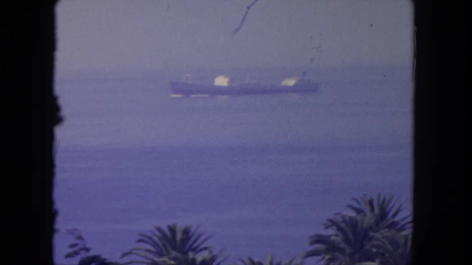 1962 Tijuana home-movie view of a distant vessel on the water, framed by a window or opening with palm trees in the foreground.