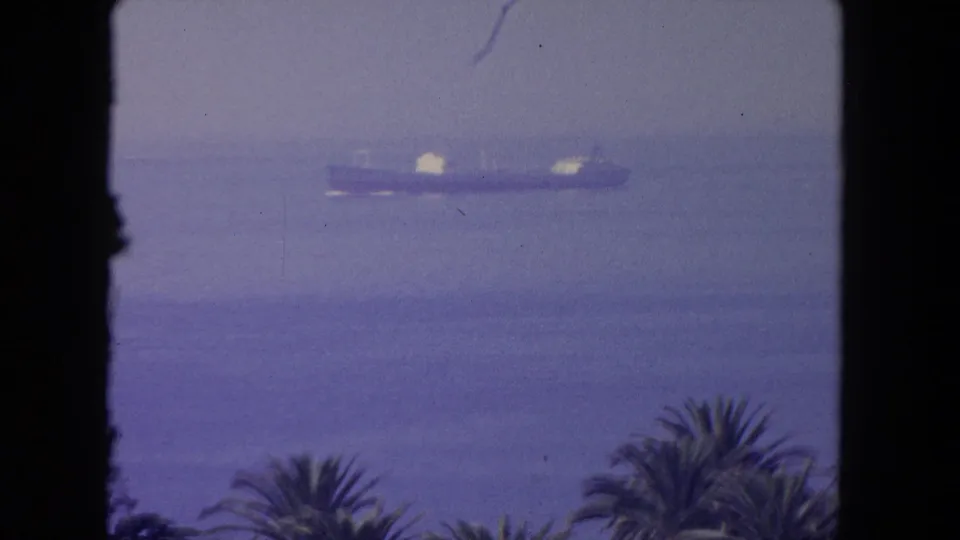 1962 coastal Mexico frame showing a distant ship across blue water, with palm trees low in the foreground.