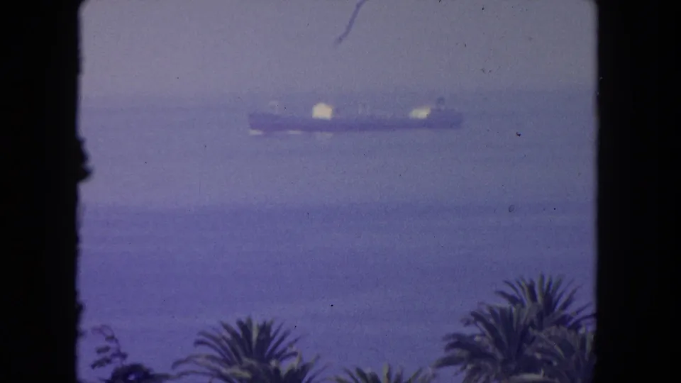Distant vessel offshore near Tijuana in a faded 8mm frame, with palm tops and dark window edges foregrounding the view.