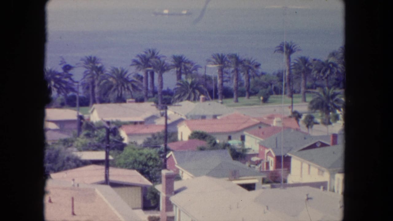 1962 Tijuana coastal neighborhood view with low houses, tall palms, blue ocean, and distant ships under a hazy sky.