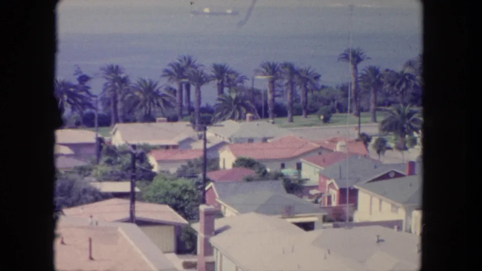 1962 Tijuana coastal neighborhood view with palms, rooftops, distant water, and a small airplane near the top of frame.