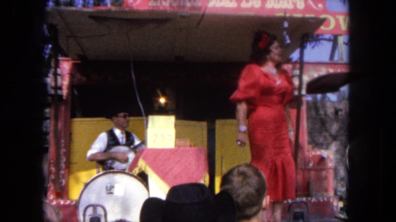 Singer turns to the side while a musician plays banjo behind a drum.