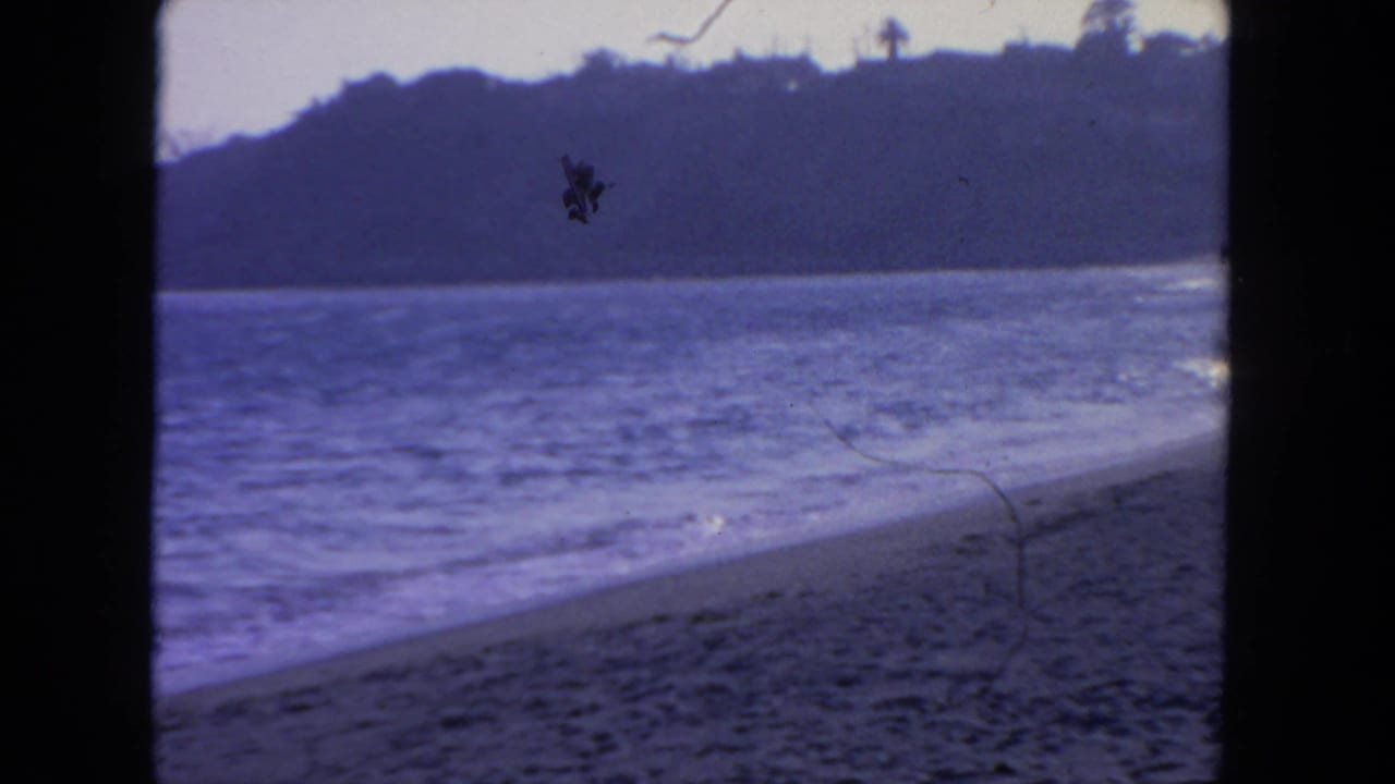 Surf meets the shore with a distant bluff and small shoreline details at the right edge.
