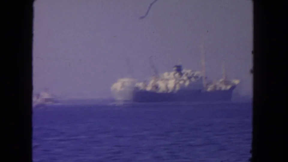 1962 San Diego 8mm frame showing the cargo ship farther along on open water beneath a faded hazy sky.