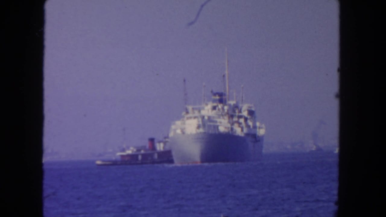 Large passenger ship on open water with a small tugboat beside it under a hazy sky.