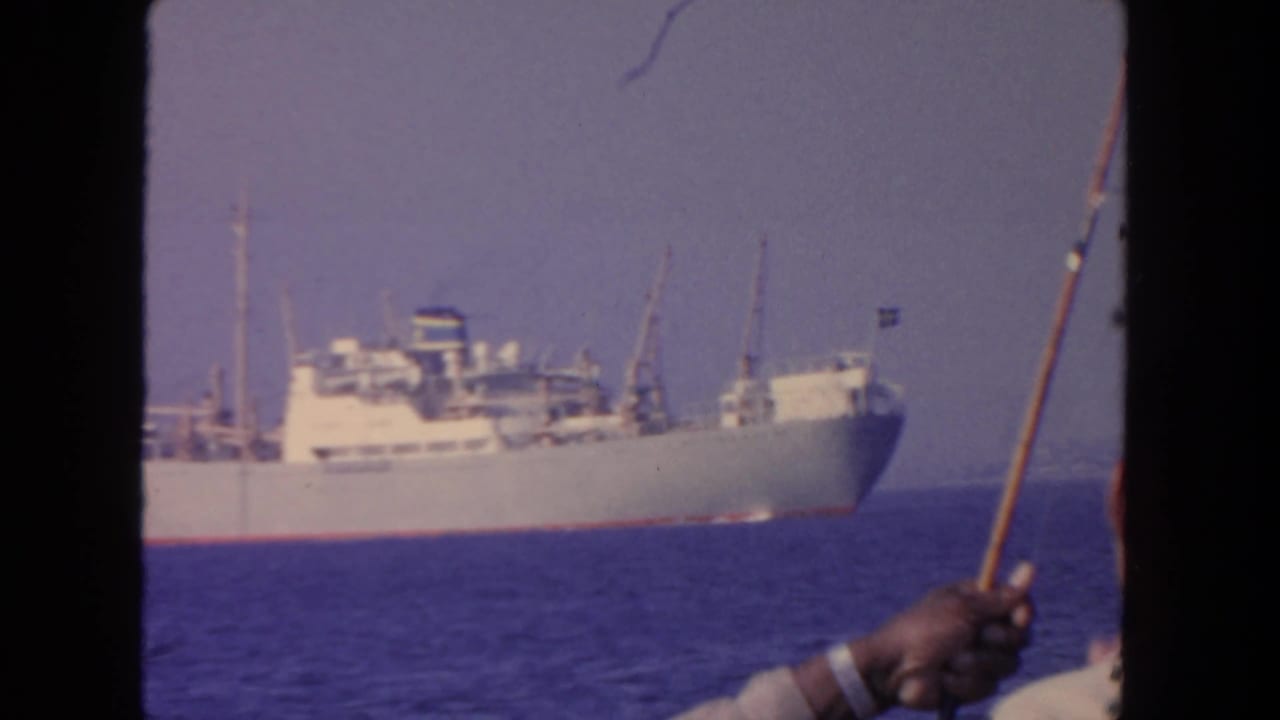 Large cargo ship offshore with a fishing rod and a man partly visible in the foreground.