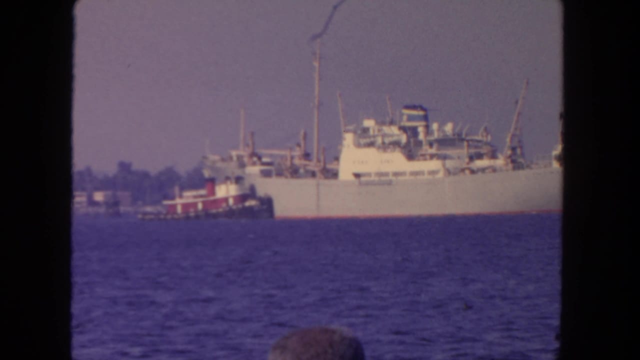 1962 San Diego harbor view of a white commercial ship with a tugboat nearby and an incidental foreground head.