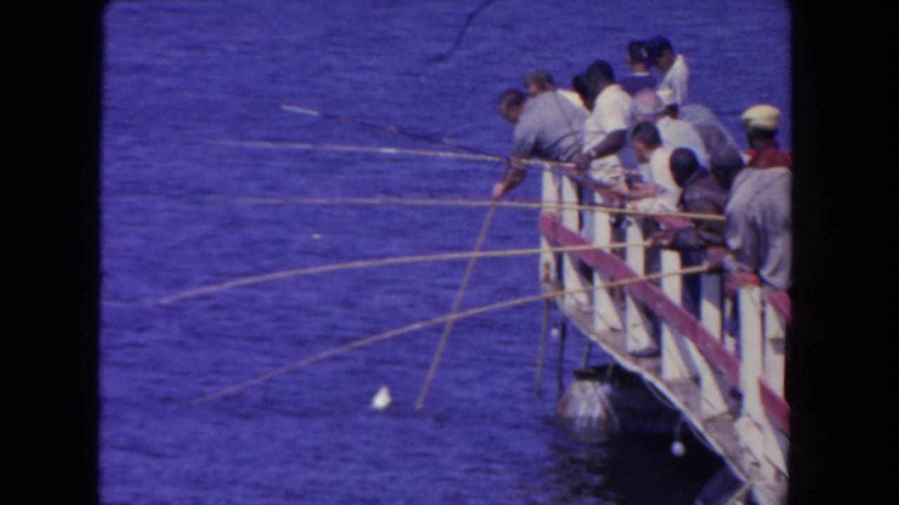 Men in light shirts and caps fish from a San Diego pier, with rods reaching out across the water.