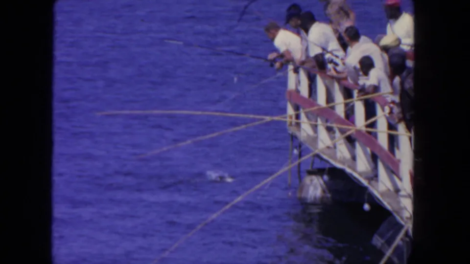 A small group on a wooden platform focuses on fishing lines over blue water, with a splash visible away from the rail.