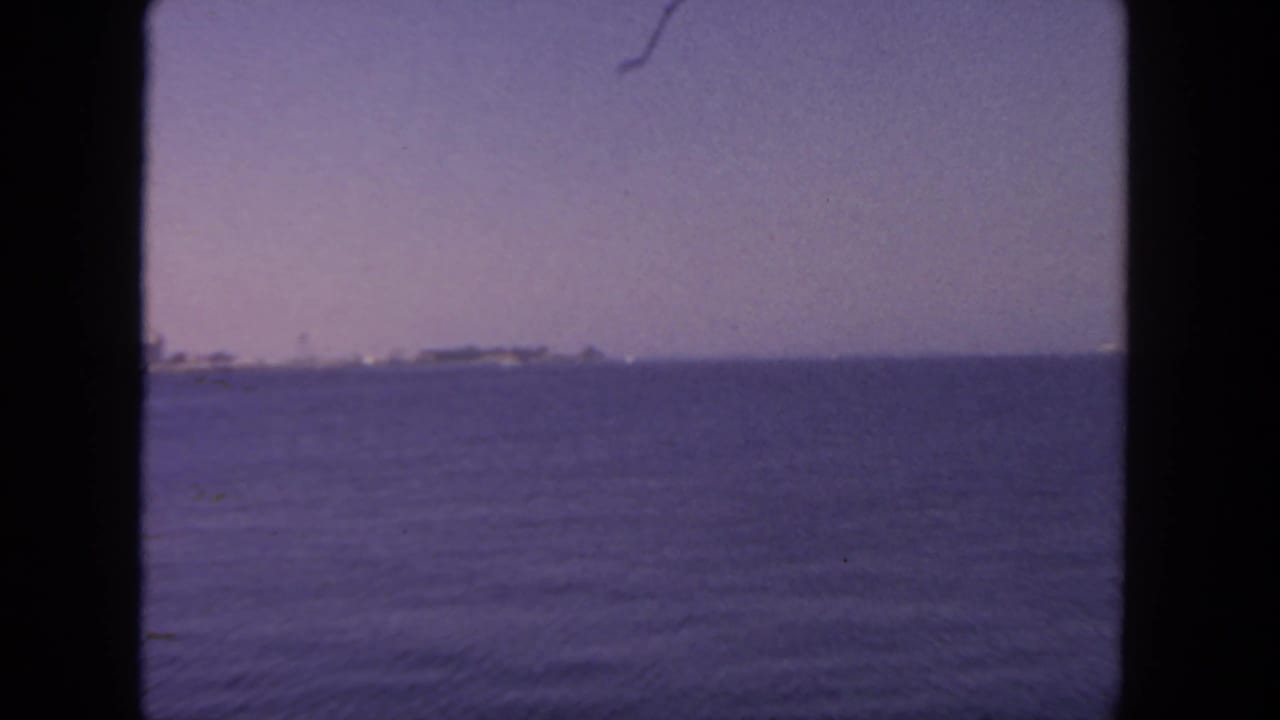 Wide 8mm view of San Diego harbor water with a faint shoreline and ships on the horizon.