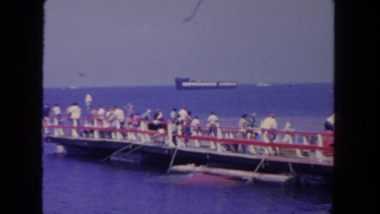 People fishing from a pier with blue water and a cargo ship on the horizon.