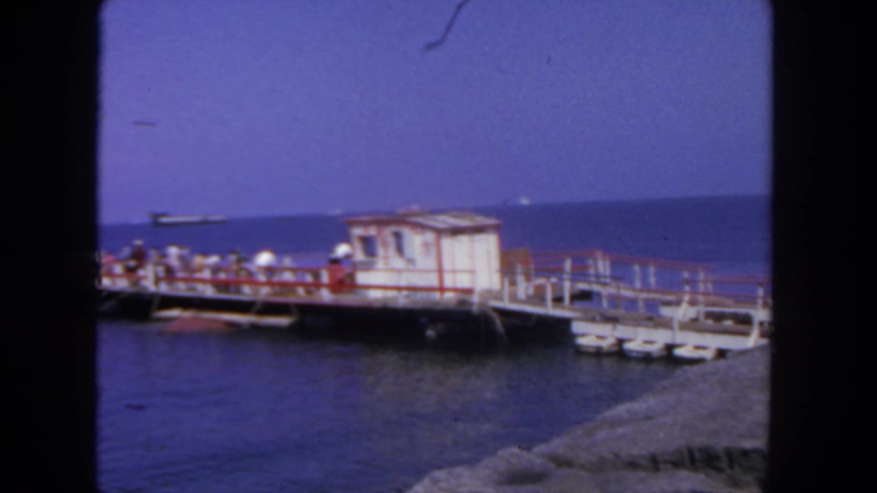 Small pier with a red-and-white hut, people gathered near the water, and a distant ship on the horizon.
