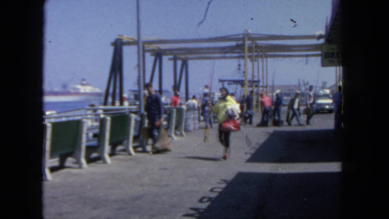 Pedestrians walk along a harbor pier toward a ferry boarding area with ships in the background.