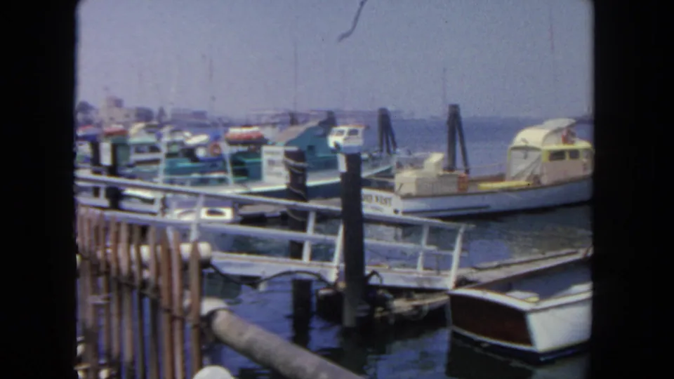 San Diego harbor scene from 1962 showing cabin boats tied near wooden pilings, foreground railings, calm water, and a hazy distant shore.