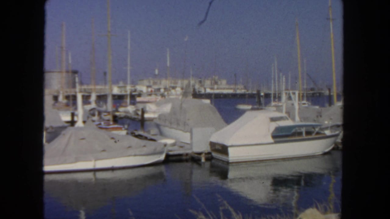 San Diego harbor frame showing moored sailboats, a cabin cruiser, covered slips, dock pilings, reflections, and distant marina structures.