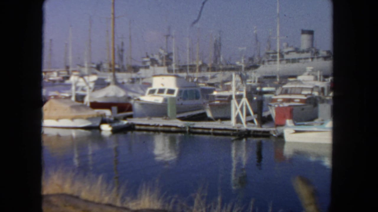 Marina boats and piers reflected in calm water with a large ship in the distance.