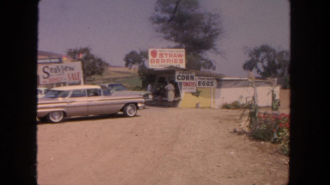 A 1962 San Diego roadside vendor scene shows a parked sedan, produce signs, booth, dirt lot, and trees.