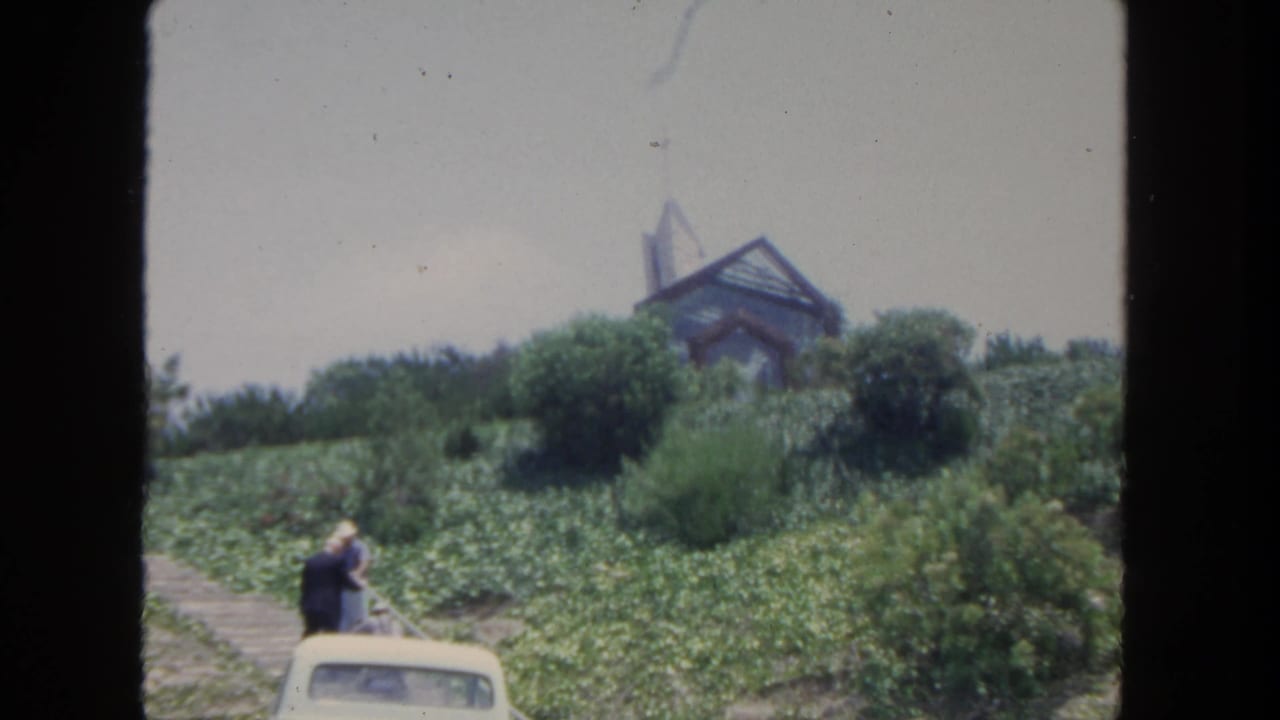 Two adults stand near a white car below a green hillside with a glass-and-wood building above.