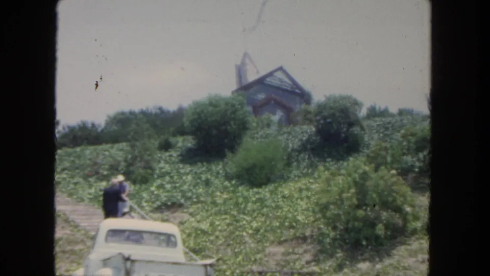 1962 San Diego 8mm frame with a white car, visitors, thick hillside plants, and a glass-and-wood building above.