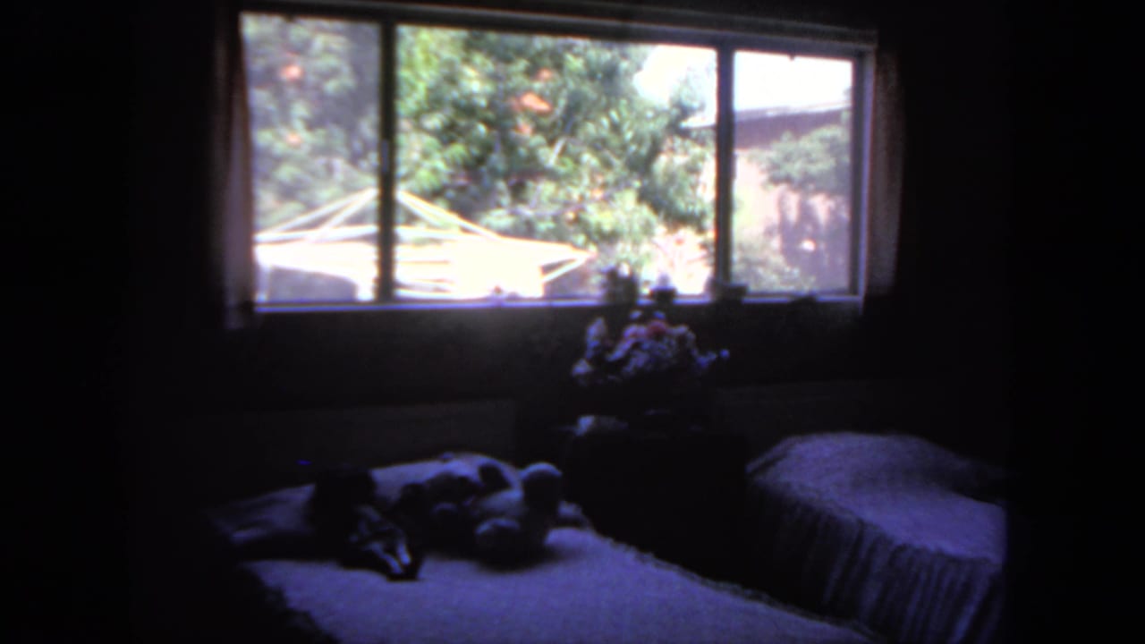 Dim bedroom with two beds, a bright window, curtains, and a small floral arrangement.