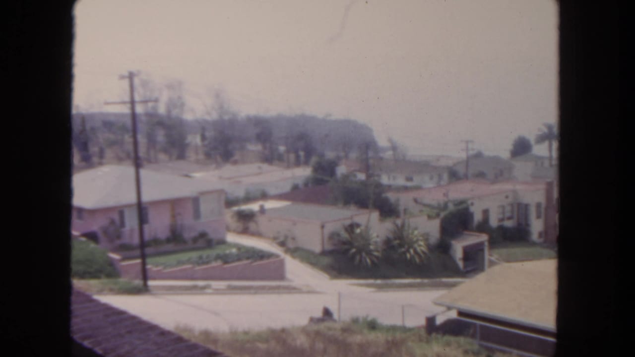 Residential block with low houses, sidewalks, utility poles, palms, and a hazy background.