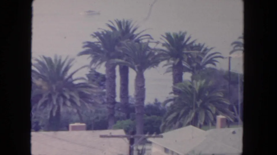 1962 San Diego home-movie frame showing palms over residential rooftops near a hazy coastal view.