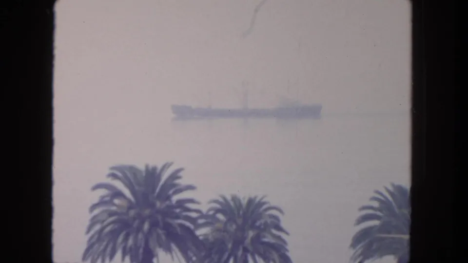 Final 1962 San Diego frame holding on a distant ship and palm trees through a bright, hazy coastal window view.