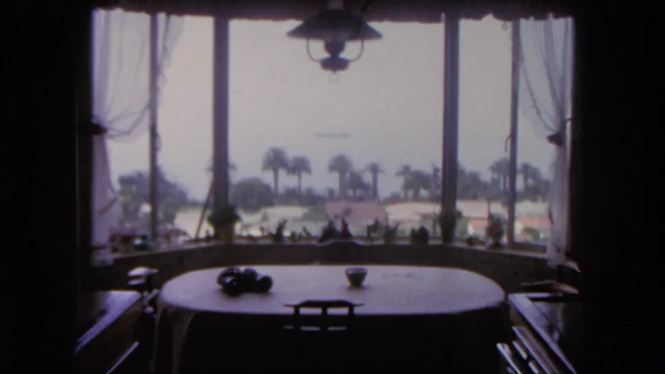 The final frame holds on the windowed interior, showing a round table, chair backs, palm trees, and bright San Diego exterior light.