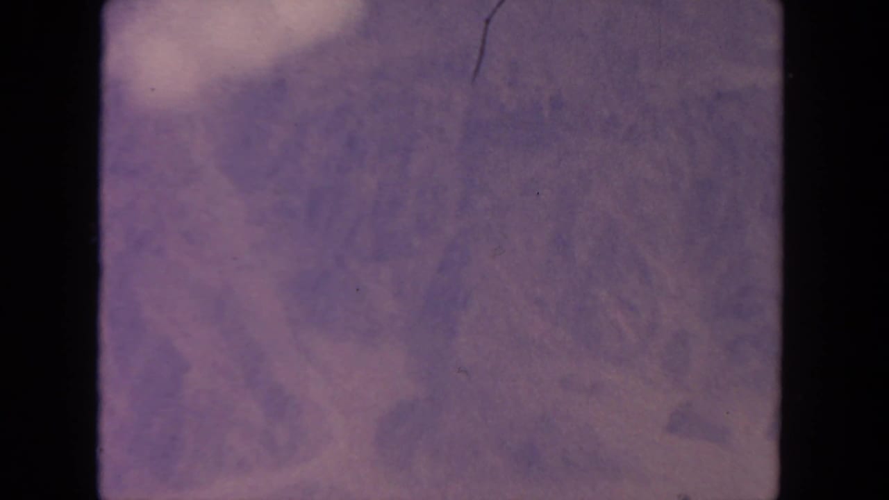 Soft lavender cloud texture fills the frame with dark film borders and faint scratches.