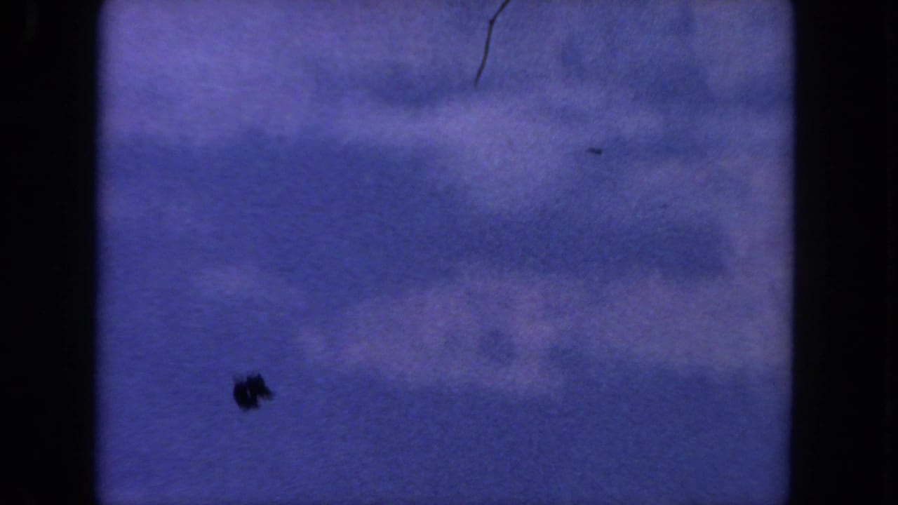 Blue sky and white clouds with dust marks and dark film borders.