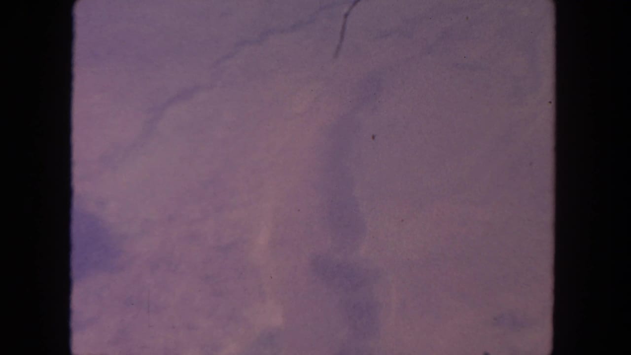 1962 8mm aerial footage frame with muted pink-purple clouds and visible film gate borders, location supported as San Diego metadata.