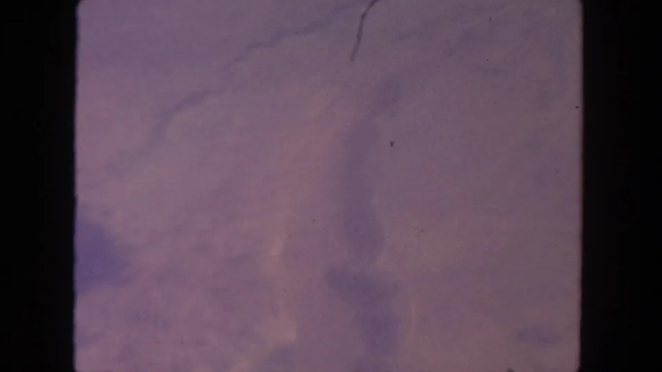 1962 8mm aerial footage frame with muted pink-purple clouds and visible film gate borders, location supported as San Diego metadata.