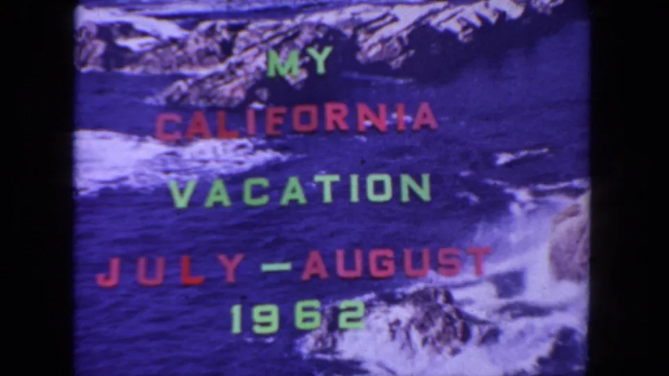 1962 California vacation title card with red and green lettering over crashing surf and rocky coastline imagery.