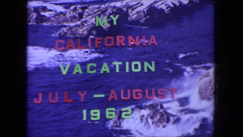 San Diego, California home-movie title card dated July-August 1962, seen with saturated color and film grain.
