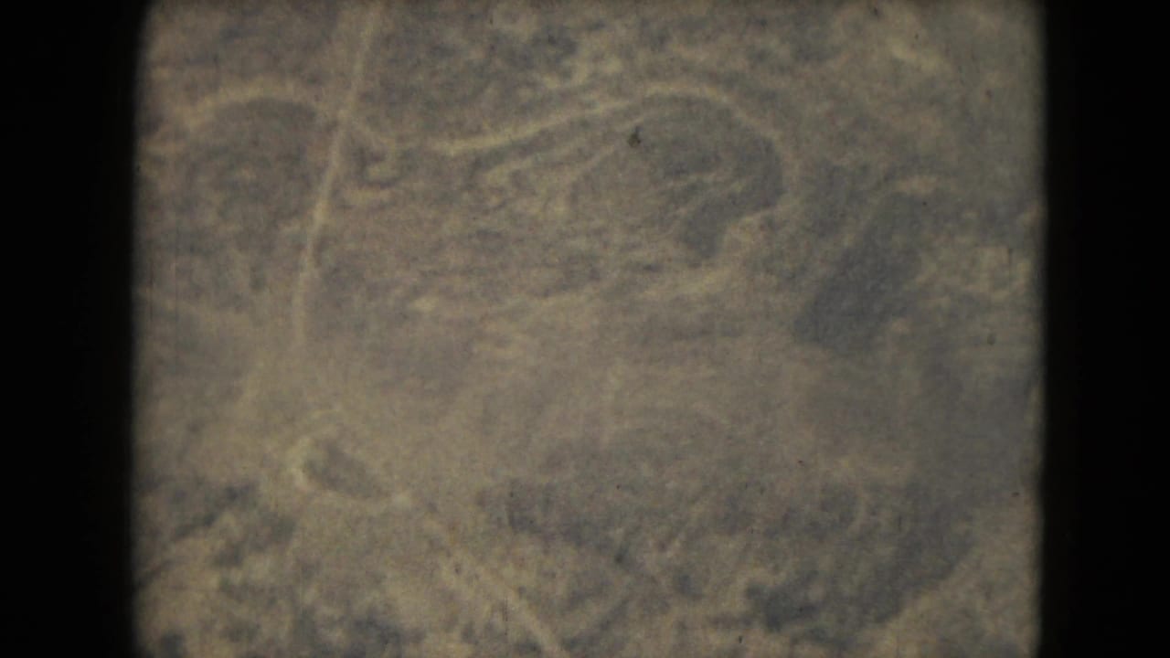 Soft aerial view of mottled tree-covered terrain with pale winding lines and dark film borders.