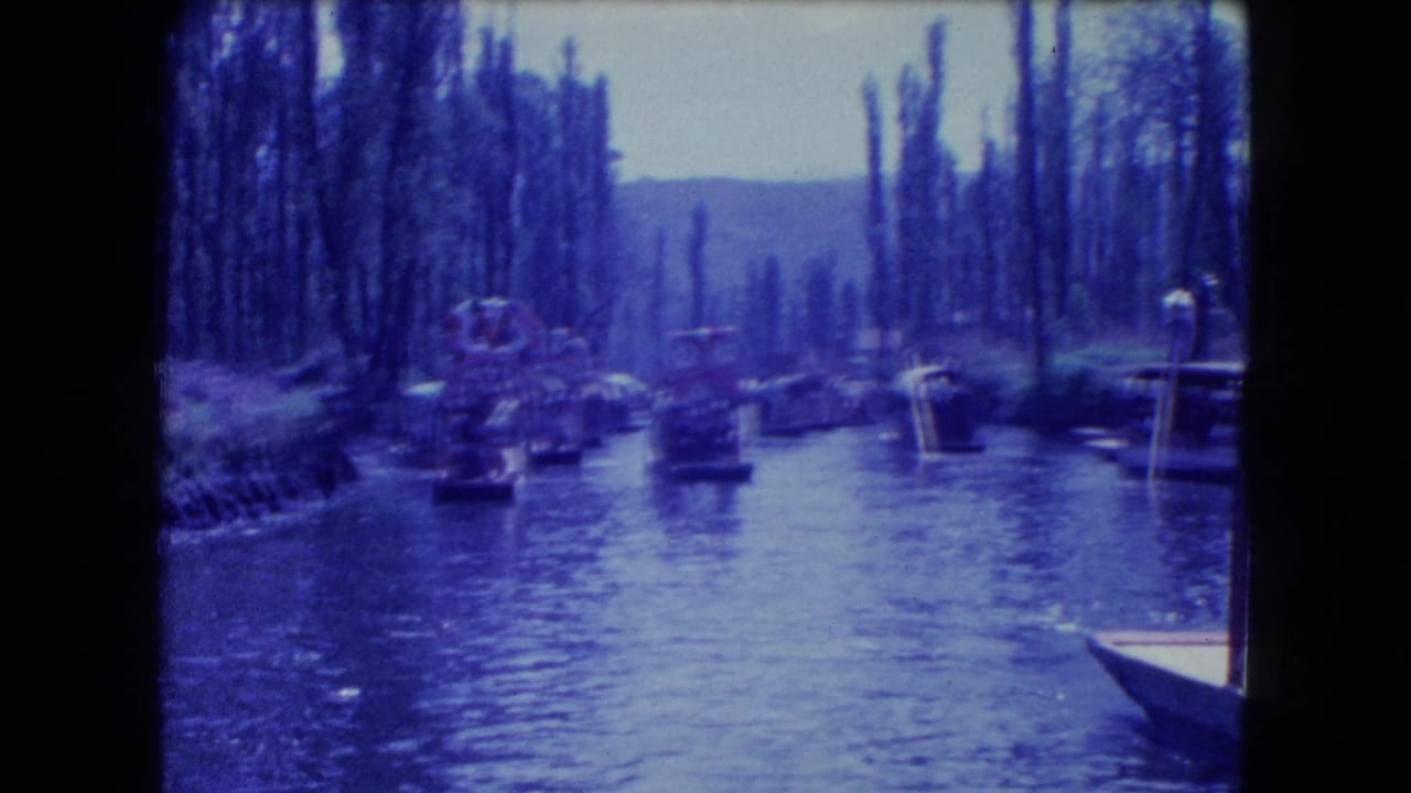 Tree-lined canal with small boats and trajineras on blue-toned 8mm film.