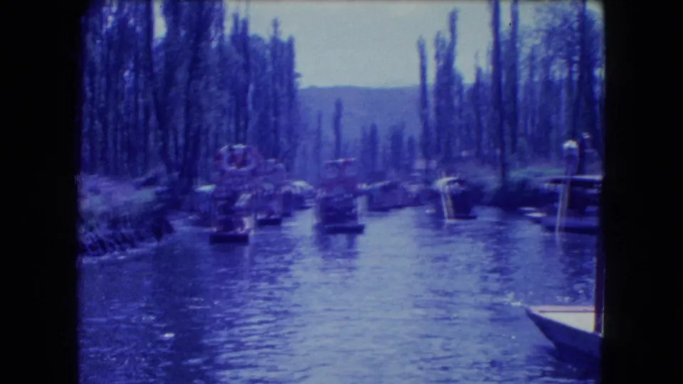 1962 Mexico City canal view with trajineras and covered boats moving between tall trees.