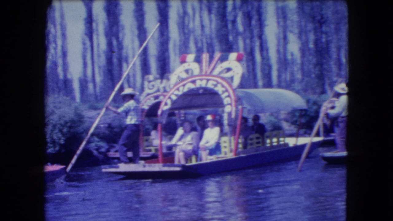 Decorated trajinera with seated passengers moves along a tree-lined canal.