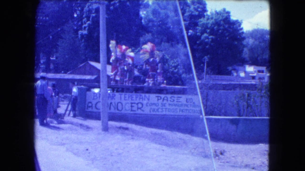 Costumed figures with colorful feathers near a Spanish street banner and trees.