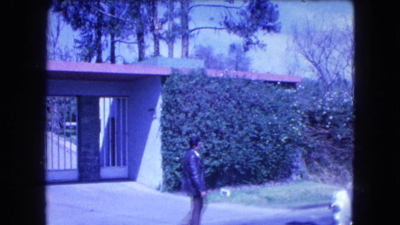 Gated driveway beside a tall hedge with a suited man walking past.