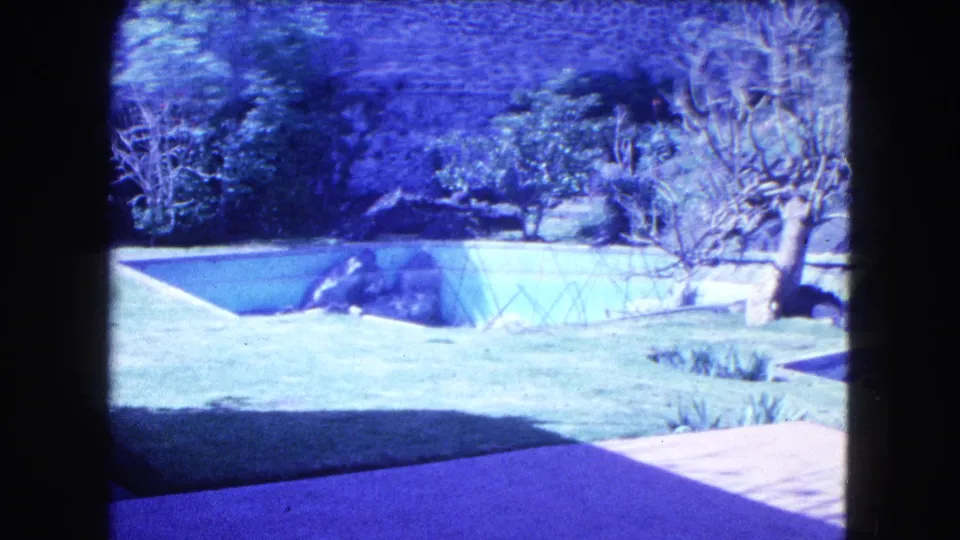 1962 Mexico City home-movie view of a garden area with lawn, a greenhouse-like structure, trees, shrubs, and paved foreground.