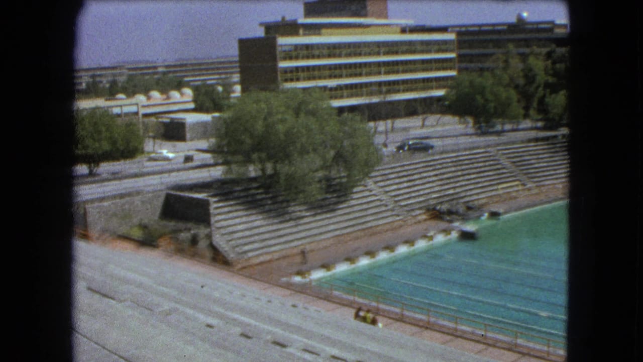 Swimming pool lanes, stepped bleachers, roadside trees, cars, and striped building in bright sun.