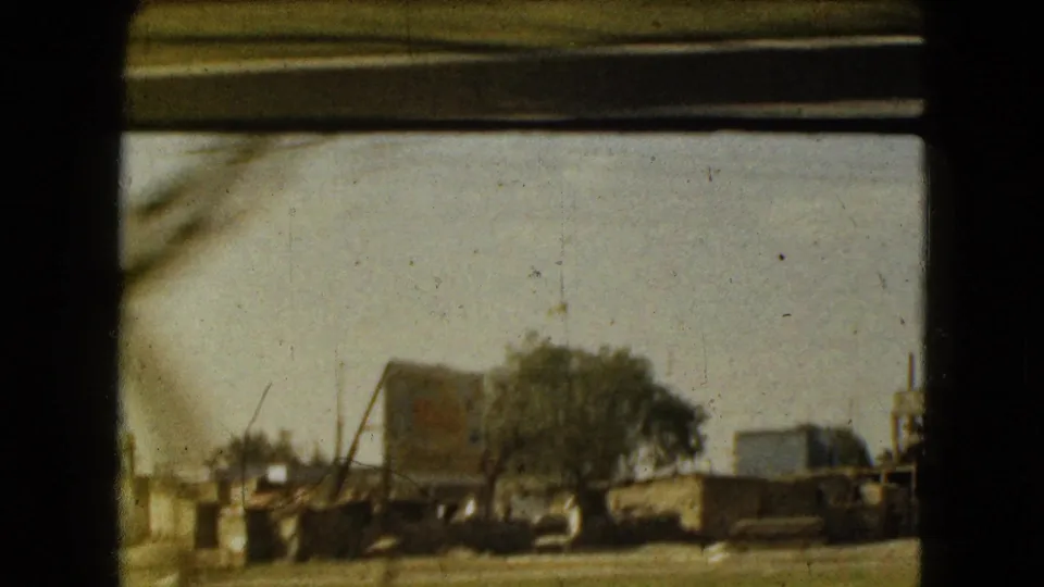 Moving 8mm view in Mexico City showing roadside structures, a billboard support, a tree, and dark vehicle-window framing.
