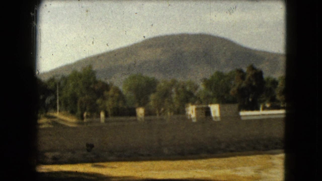Low hill beyond trees and a walled roadside area seen through a window frame.