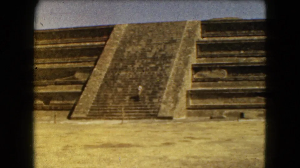 Closer 1962 home-movie view of a broad stairway on a stepped pyramid at Mexico City ruins.