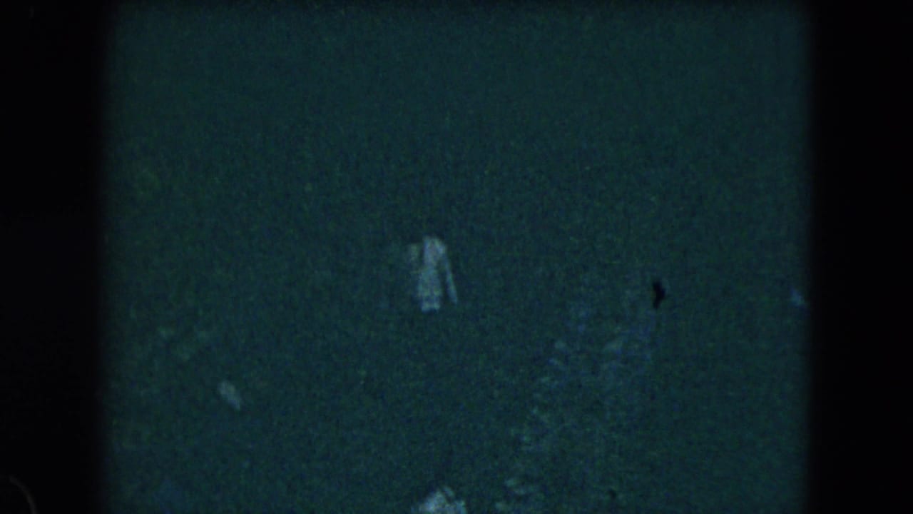 Faint figure walking across a very dark, grainy outdoor frame.