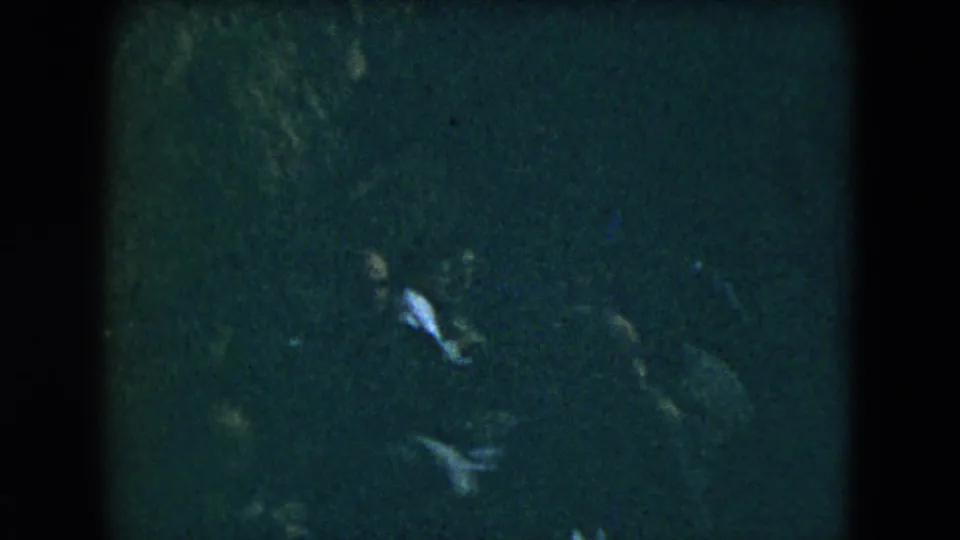 Grainy 8mm frame from Mexico City in 1962 showing a person moving through a dim room with minimal visible detail.