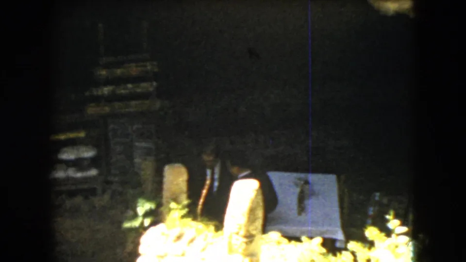 The man remains partly shadowed beside stone markers and a pale covered object, with bright foliage at the lower edge of the frame.